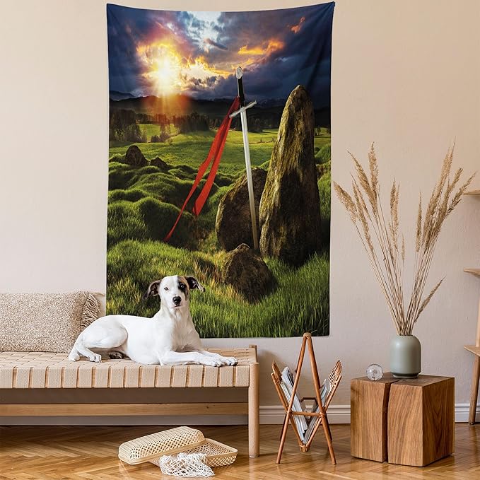 Ambesonne King Tapestry Twin Size, Arthur Camelot Myth in England Ireland Fields Invincible Myth Image, Wall Hanging Bedspread Bed Cover Wall Decor, 68" X 88", Green Blue Red
