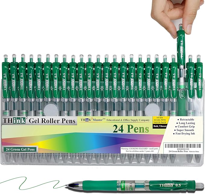 [24 Pens - Green Ink] Think2 Retractable Gel Pens. (24 Green) Fine Point (0.5mm) Rollerball Pens with Comfort Grip.