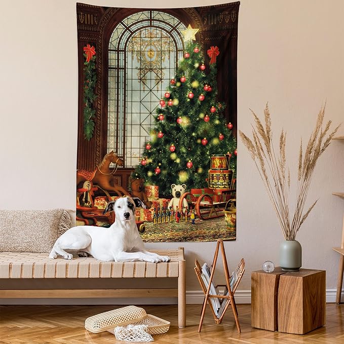 Ambesonne Christmas Tapestry Queen Size, Vintage Ambiance Big Old Fashioned Window Xmas Tree Various Presents, Wall Hanging Bedspread Bed Cover Wall Decor, Queen Size, Brown Red Green