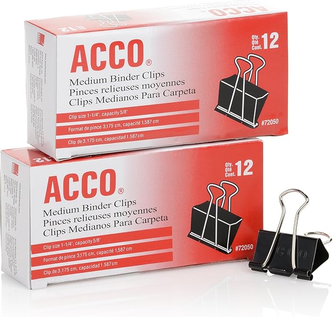 ACCO Binder Clips, Medium, Black, 12 per Box, 2 Boxes (72062)