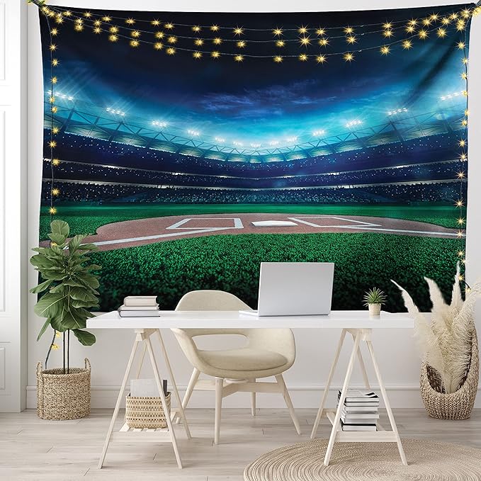 Ambesonne Baseball Tapestry, Professional Baseball Field at Night Vibrant Playground Stadium League Theme Print, Fabric Wall Hanging Decor for Bedroom Living Room Dorm, 45" X 30", Navy Green