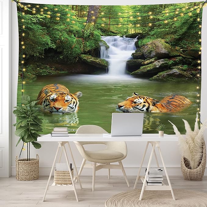 Ambesonne Savannah Tapestry King Size, Siberian Tigers in Water Waterfall Pool Woodland Swimming Natural, Wall Hanging Bedspread Bed Cover Wall Decor, 104" X 88", Reseda Green Orange