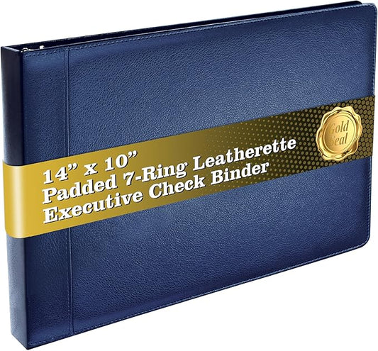 GOLD SEAL 7 Ring Executive Check Binder with Zipper Pouch, Padded Textured Premium Leatherette Cover, for 9" x 13" 3 Per Page Business Checks, 600 Check Capacity Checkbook Holder (Blue)