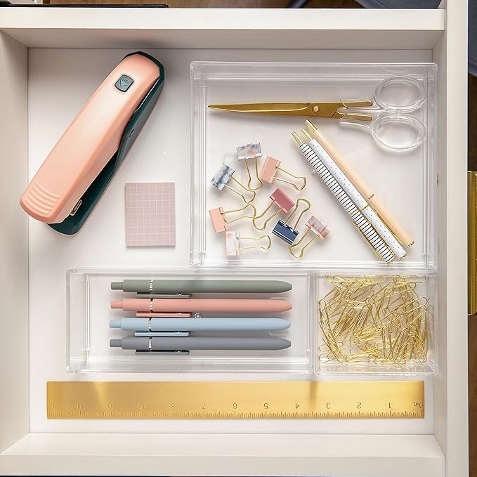 Martha Stewart Brody Desktop Storage Organizer, Stack and Slide Plastic Organizer Tray, Organizer for Office, Kitchen, or Vanity, 1-S, 1-M, 1-L (Pack of 2)