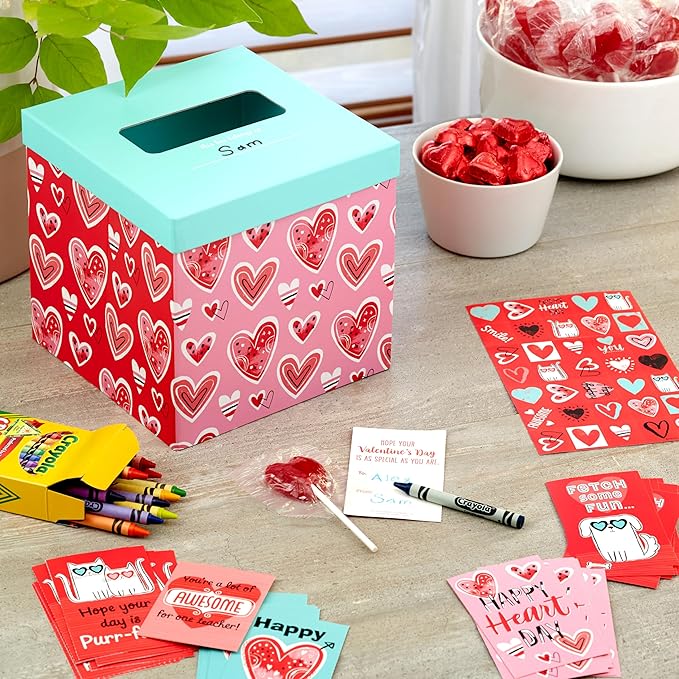Hallmark Valentines Day Cards and Mailbox for Kids School Classroom Exchange, Doodle Hearts (1 Box, 32 Valentine Cards, 35 Stickers, 1 Teacher Card)