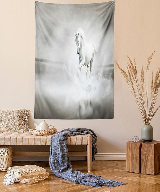 Ambesonne Horses Tapestry Twin Size, Wild Horse Running Through Water Dramatic for the Motivation of Life Art, Wall Hanging Bedspread Bed Cover Wall Decor, 68" X 88", Black and White