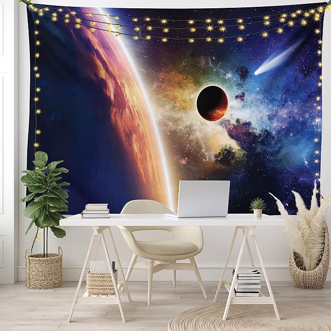 Ambesonne Outer Space Tapestry King Size, Comet Approaches Vibrant Planet Scientific Realities in Solar System World Scene, Wall Hanging Bedspread Bed Cover Wall Decor, 104" X 88", Blue Red