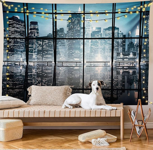 Ambesonne Modern Tapestry King Size, Modern New York City Scenery at Night with Skyscrapers Buildings Print, Wall Hanging Bedspread Bed Cover Wall Decor, 104" X 88", Black Blue