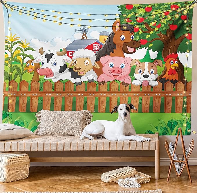 Ambesonne Cartoon Tapestry King Size, Composition Farm Animals on Fence Comic Mascots Dog Cow Horse Design, Wall Hanging Bedspread Bed Cover Wall Decor, 104" X 88", Green Multicolor