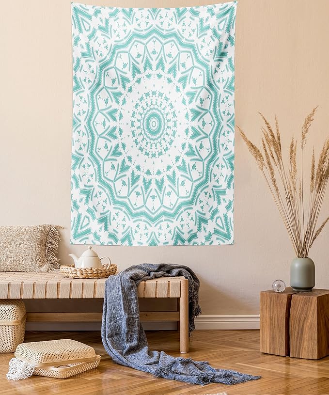 Ambesonne Aqua Tapestry, Mandala Tie Dye Effect Floral Leaves Seem Design Image Art Print, Wall Hanging for Bedroom Living Room Dorm Decor, 40" X 60", Sea Green White