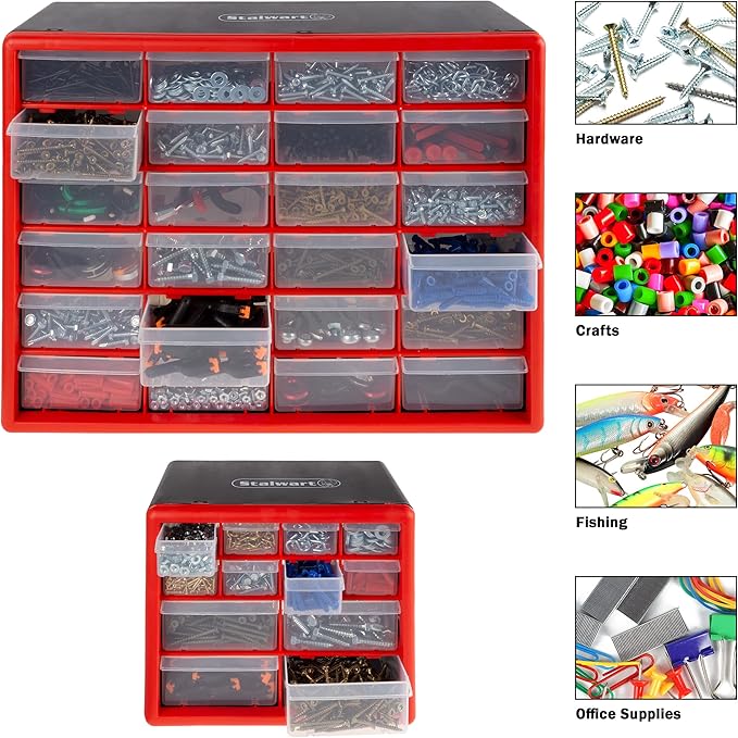 Set of Two Storage Bins with Drawers – Pair of 12 and 24 Drawer Desktop or Wall Mount Plastic Tool Organizers for Hardware or Crafts by Stalwart (Red)
