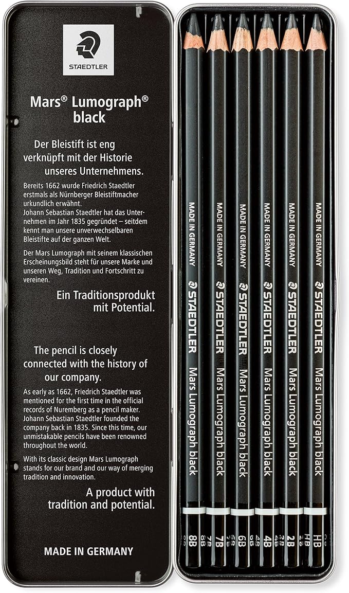 Staedtler Mars Lumograph Black, Carbon Blend Provides Jet Black Lines, Professional Art Pencils, Tin of 6 Assorted Black Sketch Pencils, 100B G6