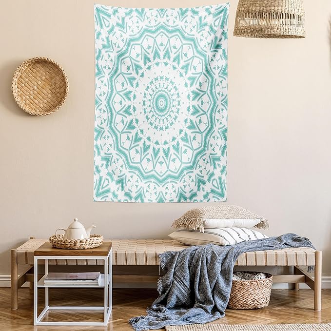 Ambesonne Aqua Tapestry, Mandala Tie Dye Effect Floral Leaves Seem Design Image Art Print, Wall Hanging for Bedroom Living Room Dorm Decor, 40" X 60", Sea Green White