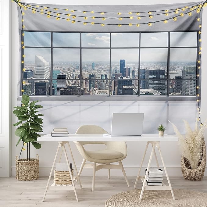 Ambesonne City Tapestry, Clean Office with Big Window Downtown Skyscraper Buildings Domestic Cityscape Art, Fabric Wall Hanging Decor for Bedroom Living Room Dorm, 28" X 23", Grey White