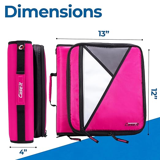 Case-it Universal Zipper Binder | 2-Inch O-Rings, 13-Inch Laptop/Tablet Padded Pocket, 400 Sheet Capacity, Multiple Storage Pockets & Shoulder Strap | School & Office Organizer | LT-007 Magenta
