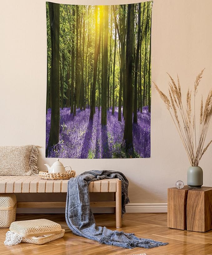 Ambesonne Woodland Tapestry Twin Size, Sunbeams in the Forest of Bluebells Blooms Deep in Woodland Oxfordshire, Wall Hanging Bedspread Bed Cover Wall Decor, 68" X 88", Violet Green Yellow