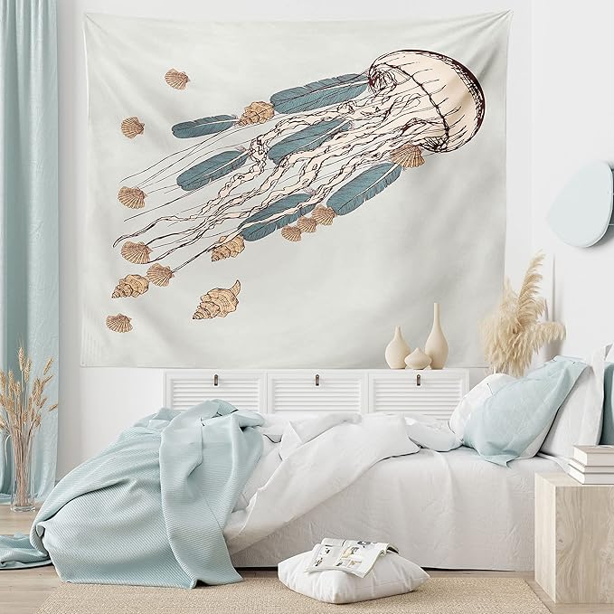 Ambesonne Jellyfish Tapestry, Boho Feather Tentacles Shells Vintage Art Print Under the Sea Tribal Fish, Fabric Wall Hanging Decor for Bedroom Living Room Dorm, 45" X 30", Beige Brown