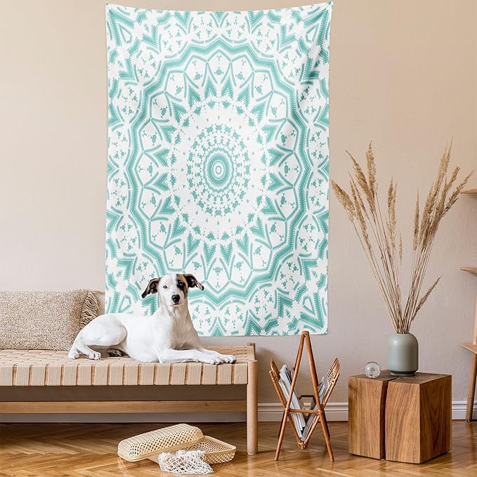 Ambesonne Aqua Tapestry, Mandala Tie Dye Effect Floral Leaves Seem Design Image Art Print, Wall Hanging for Bedroom Living Room Dorm Decor, 40" X 60", Sea Green White