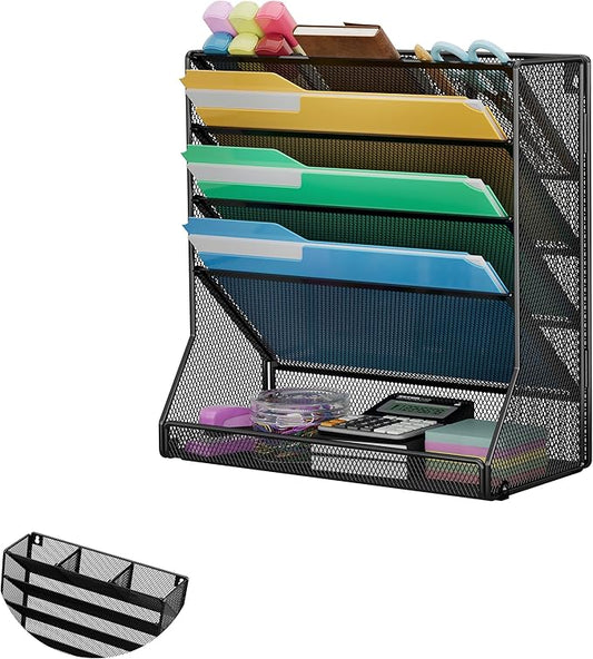 File Organizer Wall Mounted 5 Tiers, Durable Adjustable Metal Vertical Hanging, Stable R-Shaped Bottom 4 Pull-Out Deviders to Sort File,Mail,Newspaper,Pen, Suitable for Office,Black