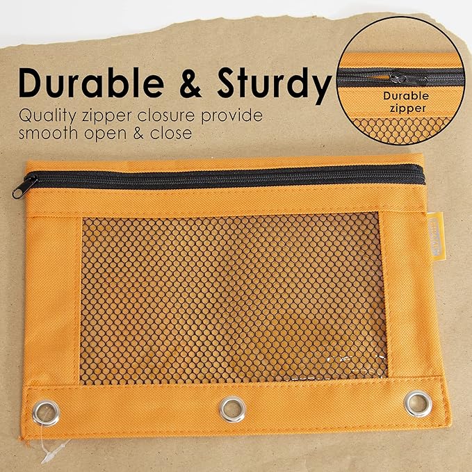 BAZIC PRODUCTS Pencil Pouch 3 Ring Binder Pouch w/Rivet Enforced Rings Holes, Pastel Color Mesh Window Zipper Pouchesr, 144-Pack