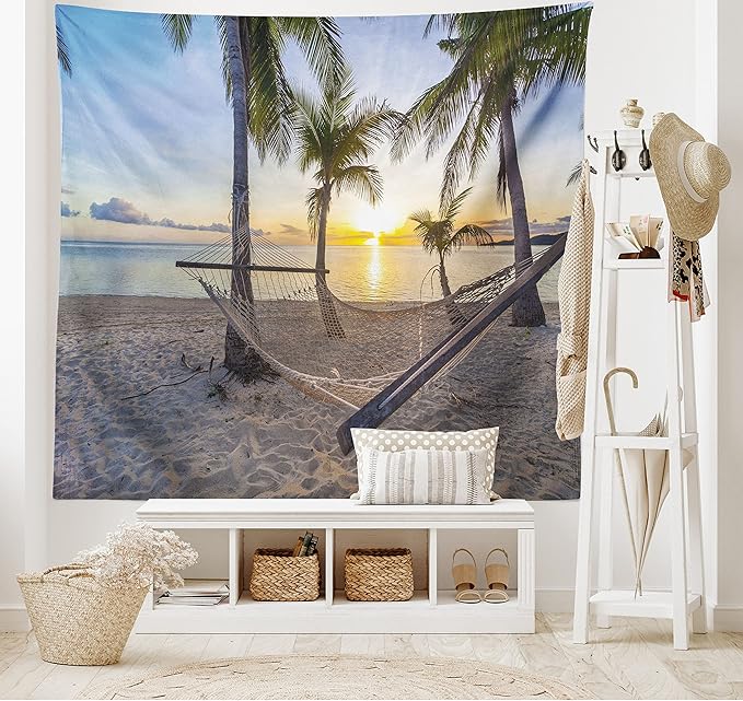 Ambesonne Tropical Tapestry, Paradise Beach Hammock and Coconut Palm Trees Horizon Coast Vacation Scenery, Fabric Wall Hanging Decor for Bedroom Living Room Dorm, 28" X 23", Sand Brown