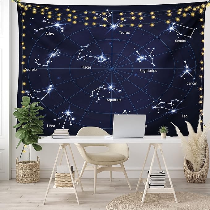 Ambesonne Constellation Tapestry, Sky Star Map Geometric Circle Space Night Horoscopes Chart Dark, Wide Wall Hanging for Bedroom Living Room Dorm, 60" X 40", Dark Blue White