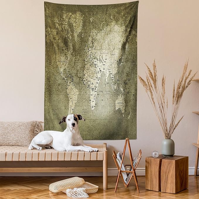 Ambesonne Antique Tapestry Twin Size, Old World Map Texture Nostalgic Plan Atlas Trace of Life, Wall Hanging Bedspread Bed Cover Wall Decor, 68" X 88", Khaki Beige