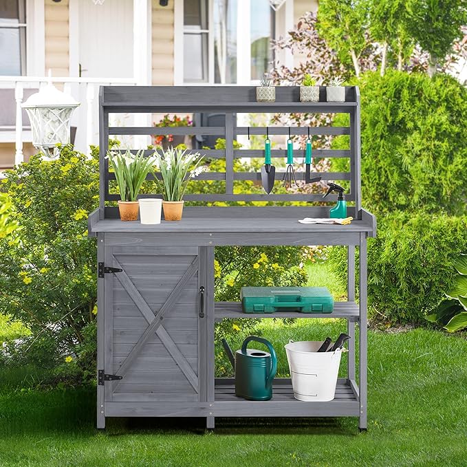 Yaheetech Outdoor Potting Bench, Large Horticulture Work Table Workstation with Storage Cabinet Shelf & Planting Working Console for Patio/Lawn/Garden - Gray