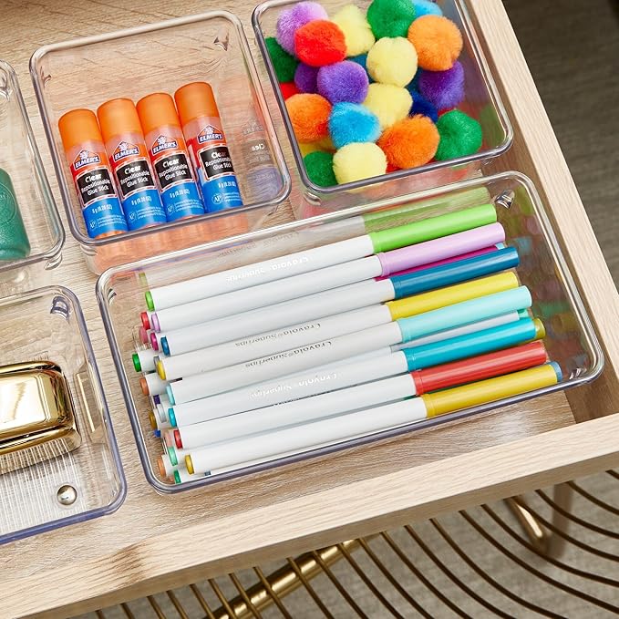 iDesign Plastic Drawer Organizer for Kitchen, Bathroom, and Desk Drawers, Set of 6, Clear