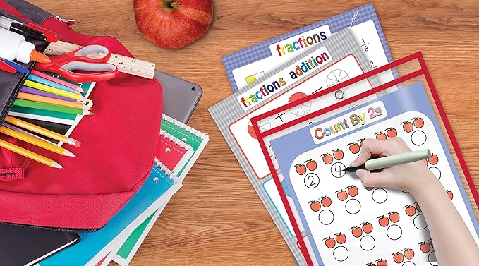 Better Office Products Dry Erase Pocket Sleeves, 50 Count, Crystal Clear, Oversized, 10.25" x 13.75", Heavy Duty Dry Erase Pocket Sheet Protectors, Reusable Pockets with 10 Assorted Colors, 50 Pack