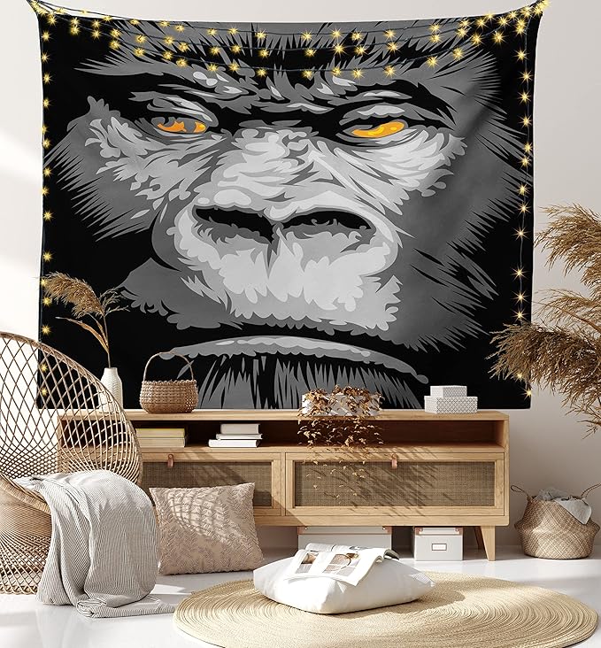 Ambesonne Modern Tapestry King Size, Close up Gorilla Portrait with Orange Eyes Zoo Jungle Animal Wild Money Graphic, Wall Hanging Bedspread Bed Cover Wall Decor, 104" X 88", Grey Marigold