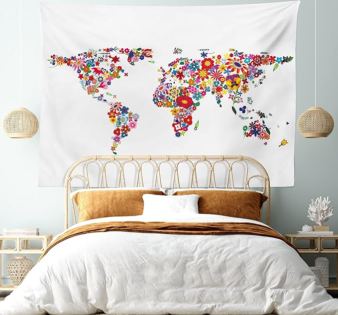Ambesonne Floral World Map Tapestry, Bunch of Flower Petals Essence Fragrance Garden Growth Theme Atlas Image, Fabric Wall Hanging Decor for Bedroom Living Room Dorm, 45" X 30", Red White