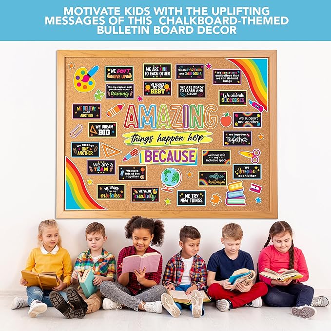 Decorably 49 Pcs Cutouts Chalkboard Vibrant Theme Amazing Things Happen Here Bulletin Board Decorations Set with Borders, Bulletin Board Motivational Decorations - Classrooms, School Hallways