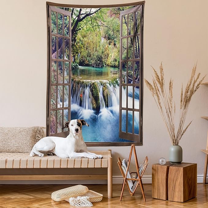 Ambesonne Waterfall Tapestry Twin Size, Wide Waterfall Deep down in the Forest Seen from a City Window Epic Surreal Print, Wall Hanging Bedspread Bed Cover Wall Decor, 68" X 88", Brown Black