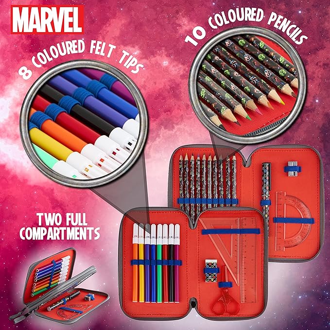 Marvel Boy's Pencil Case, Pencil Case with Compartments Filled School Supplies, Felt, Coloured Pencil, Spiderman Avengers Back to School Gift