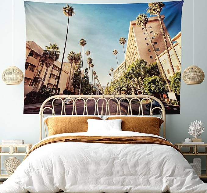 Ambesonne Urban Tapestry Queen Size, Street in Beverly Hills CaliforniPalm Trees Houses Famous City Photo, Wall Hanging Bedspread Bed Cover Wall Decor, 88" X 88", Pale Blue Peach Green