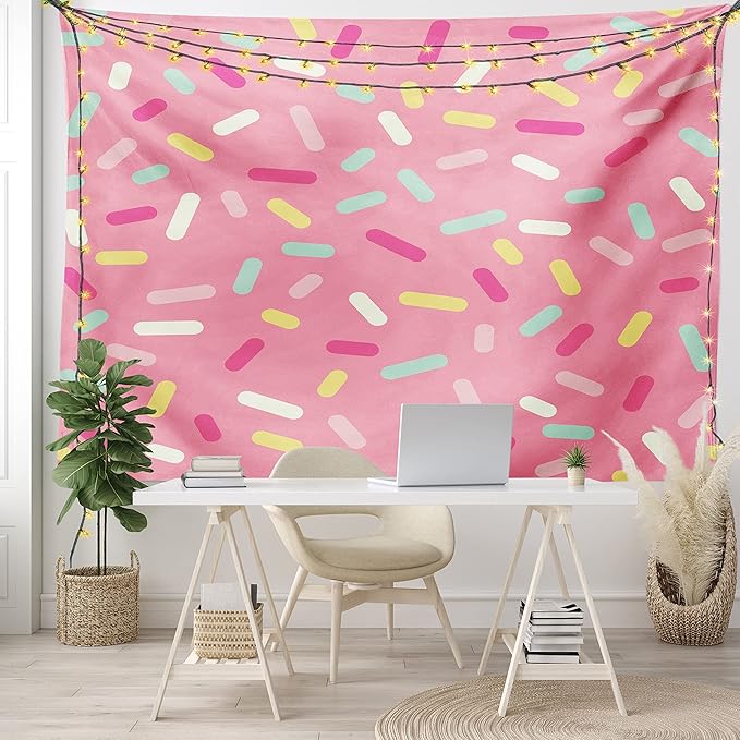 Ambesonne Pink and White Tapestry, Abstract Pattern of Colorful Donut Sprinkles Tasty Food Bakery Theme, Fabric Wall Hanging Decor for Bedroom Living Room Dorm, 45" X 30", Pink Yellow