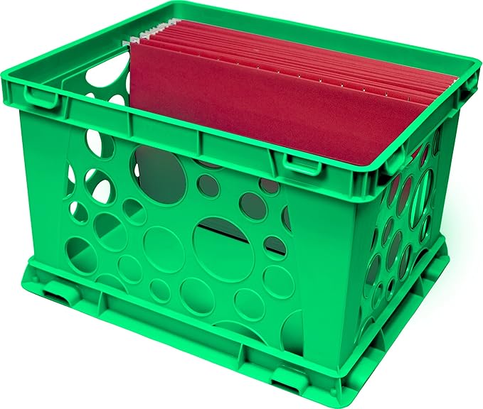 Storex Premium File Crate with Handles – Letter and Legal Document and Folder Storage, Classroom Green 3-Pack (61463C03C)