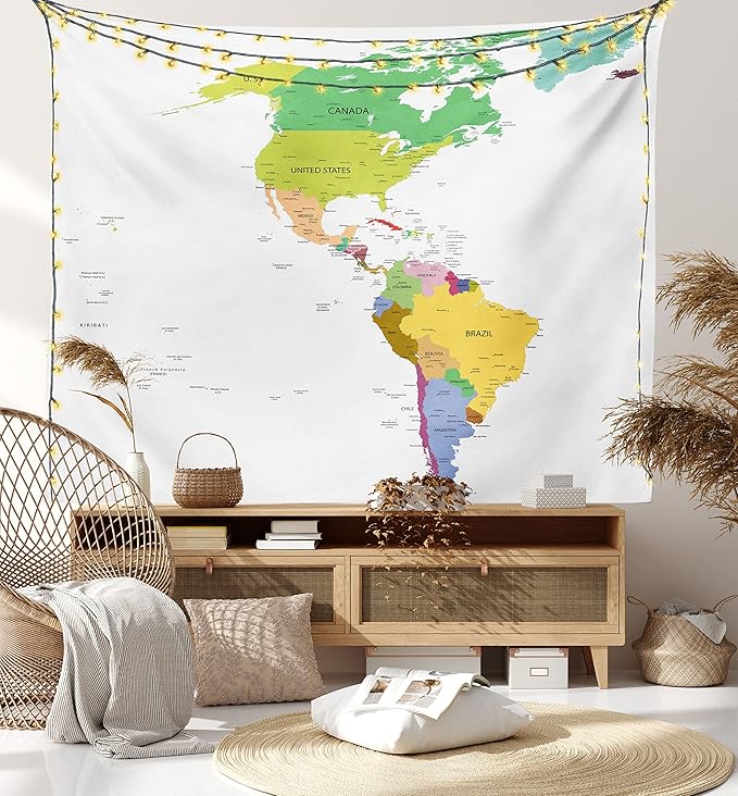Ambesonne Map Tapestry, Map of South and North America with Countries Capitals and Major Cities Colorful Design, Fabric Wall Hanging Decor for Bedroom Living Room Dorm, 45" X 30", Green White