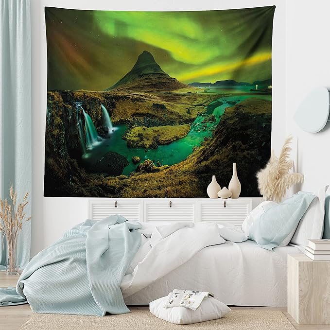Ambesonne Aurora Borealis Tapestry, Pale Weather over the Hills Waterfall Creek Nature Landscape, Fabric Wall Hanging Decor for Bedroom Living Room Dorm, 45" X 30", Olive Green