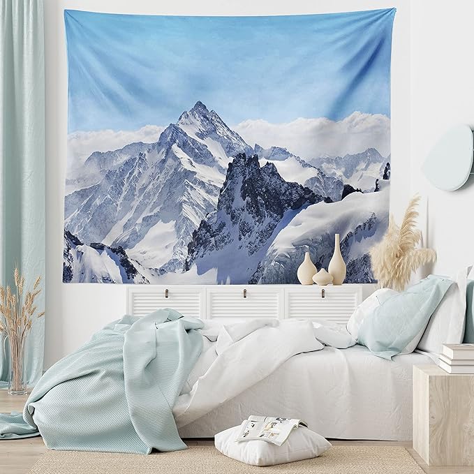 Ambesonne Winter Tapestry, Snowy Rocky Mountain Peaks Tops Scene High Lands ICY Frozen Swiss Outdoor Art, Fabric Wall Hanging Decor for Bedroom Living Room Dorm, 28" X 23", Blue and White