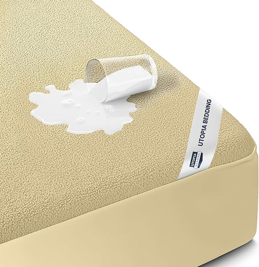 Utopia Bedding Waterproof Mattress Protector Full Size, Premium 200 GSM Terry Mattress Cover, Soft & Breathable Bed Cover, Fitted Sheet Style with Stretchable Deep Pockets 15" (Beige)