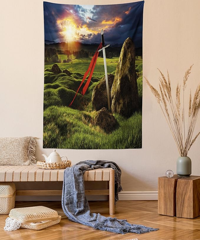 Ambesonne King Tapestry Twin Size, Arthur Camelot Myth in England Ireland Fields Invincible Myth Image, Wall Hanging Bedspread Bed Cover Wall Decor, 68" X 88", Green Blue Red