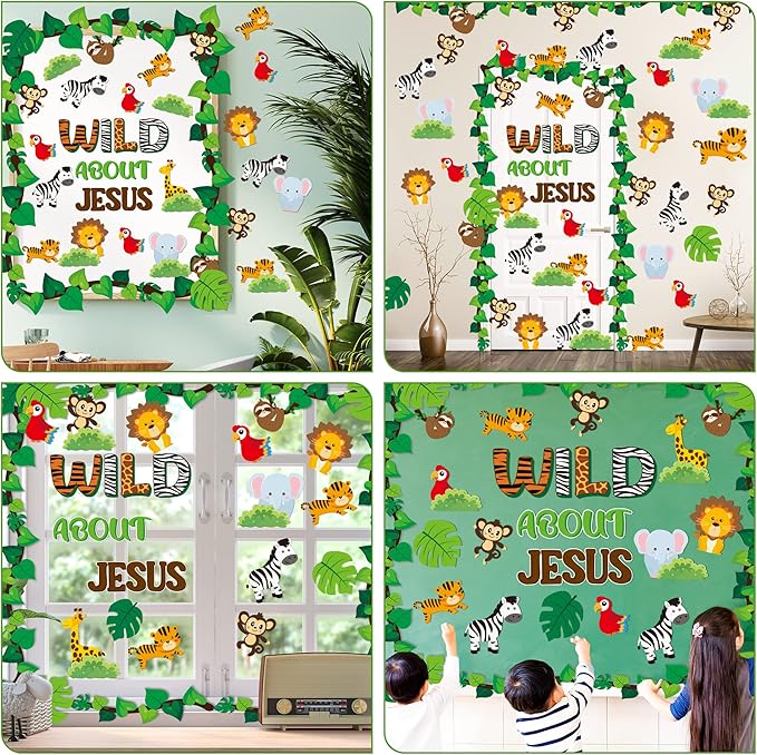 87Pcs Jungle Animals Leaves Bulletin Board Set for Back to School Classroom Wild Animal Cut-Outs Wild About Jesus Christian Wall Decor Supplies for Chalkboard Church Preschool Forest Party