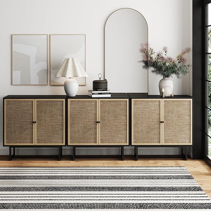 Nathan James Kova Rattan Wood Accent Sideboard Storage Cabinet TV Stand with Matte Metal Frame, Adjustable Shelves and Cane Doors, for Hallway, Entryway or Living Room, Black Oak/Cane, Set of 3