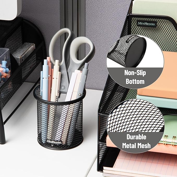 Mind Reader Pen and Accessories Holder, Desktop Organizer, Office, Metal Mesh, 3.5"L x 3.5"W x 3.75"H, Set of 3, Black