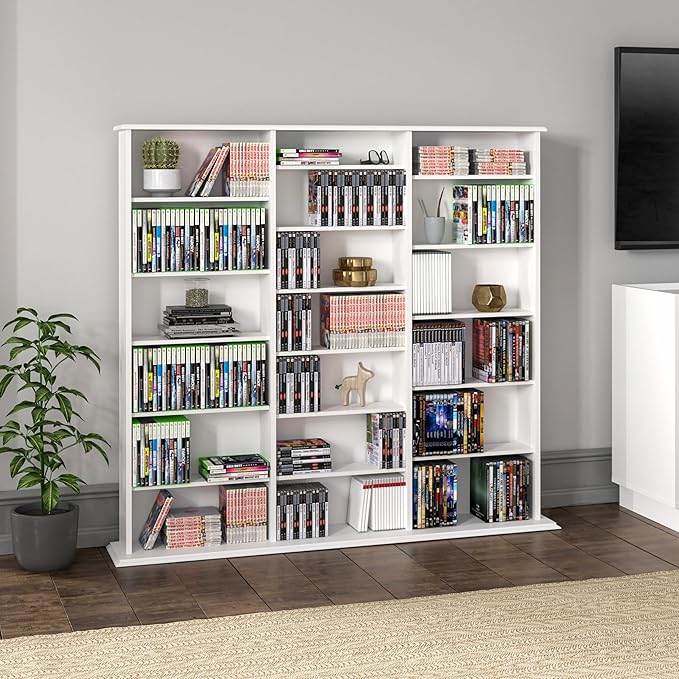 Prepac 3 Column 51" Tall White Display Multimedia Cabinet, Wood Media Storage with Removable Sheves, Modern Multimedia Storage Unit with 21 Adjustable Shelves for Books, DVDs and Collectibles, White