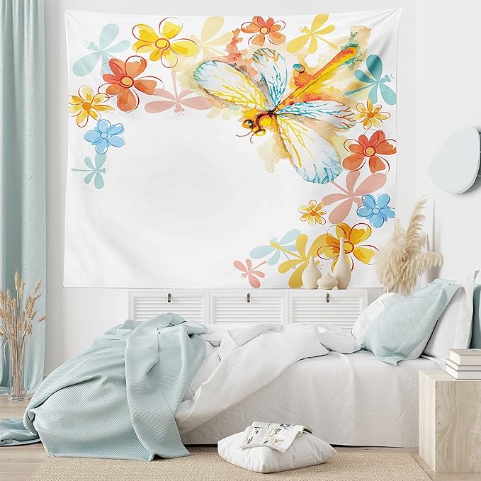 Ambesonne Dragonfly Tapestry Twin Size, Abstract Grunge Vintage Design Moth Spring Flowers Floral Frame Art Print, Wall Hanging Bedspread Bed Cover Wall Decor, 68" X 88", Yellow Orange