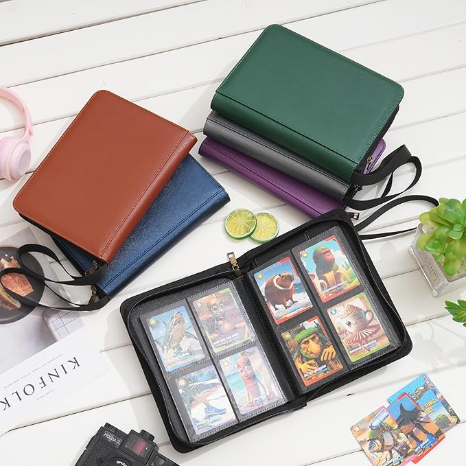 Wonderpool Card Binder A5 Album Zippered 4-Pocket Trading for 240 Cards - Leather PU Card Holder Collection Storage Folder, Side-Loading for Photo Pokemon, MTG, TCG, Yugioh, Sports Cards (Brown)