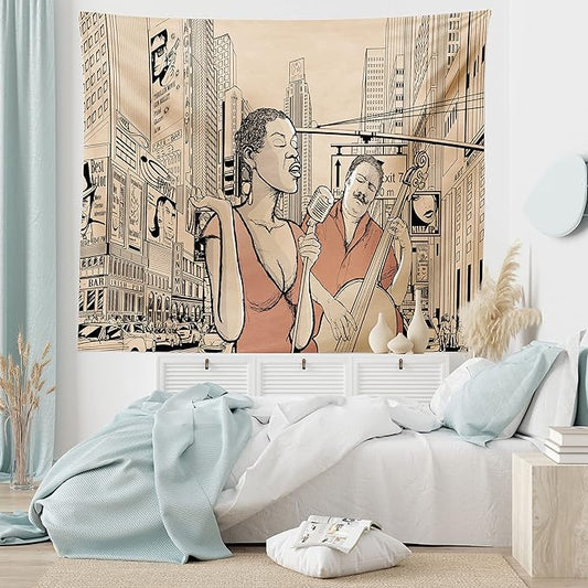 Ambesonne Jazz Music Tapestry King Size, Singer Double-Bass Player in a Street of New York Urban Lifestyle Image, Wall Hanging Bedspread Bed Cover Wall Decor, 104" X 88", Brown Beige